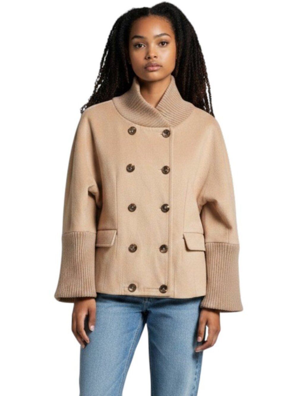 Whim Wool Cashmere Ribbed Collar Cuff Cropped Jacket Double Breasted Camel Tan M
